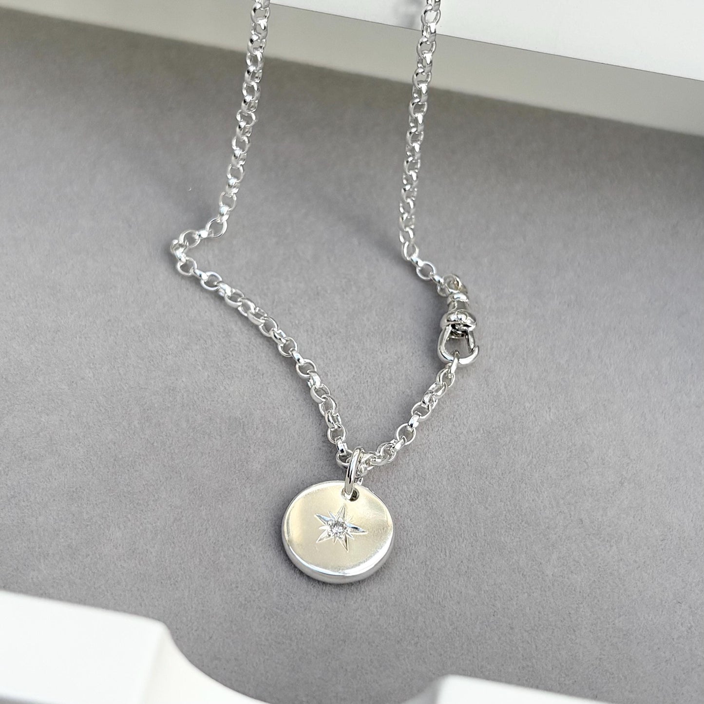 New listing - Oxidised or polished solid sterling silver star engraved diamond pendant and oval belcher single Albert swivel clasp chain