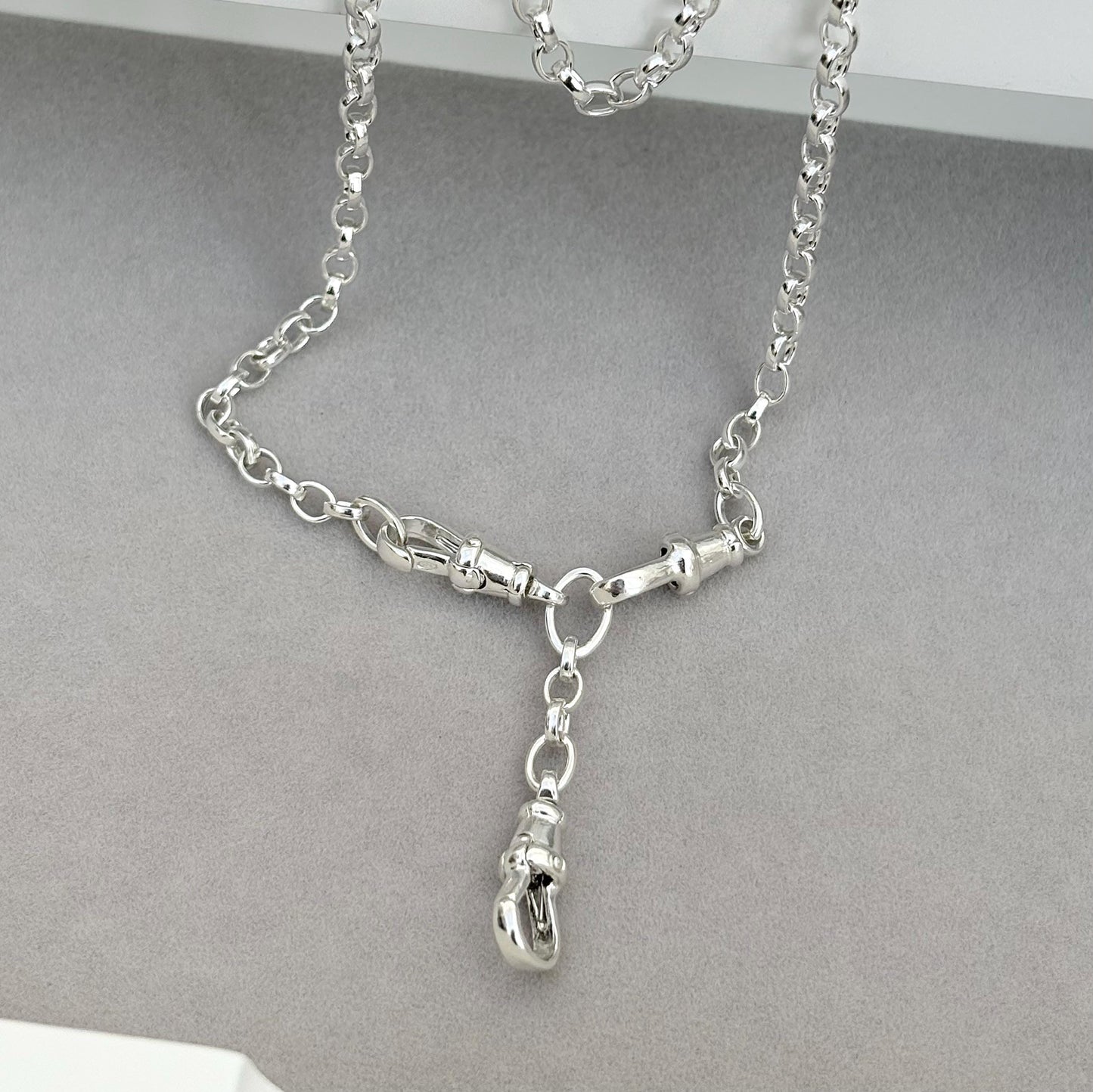 New listing - Oxidised or polished solid sterling silver oval belcher single Albert swivel clasp chain and double swivel drop pendant