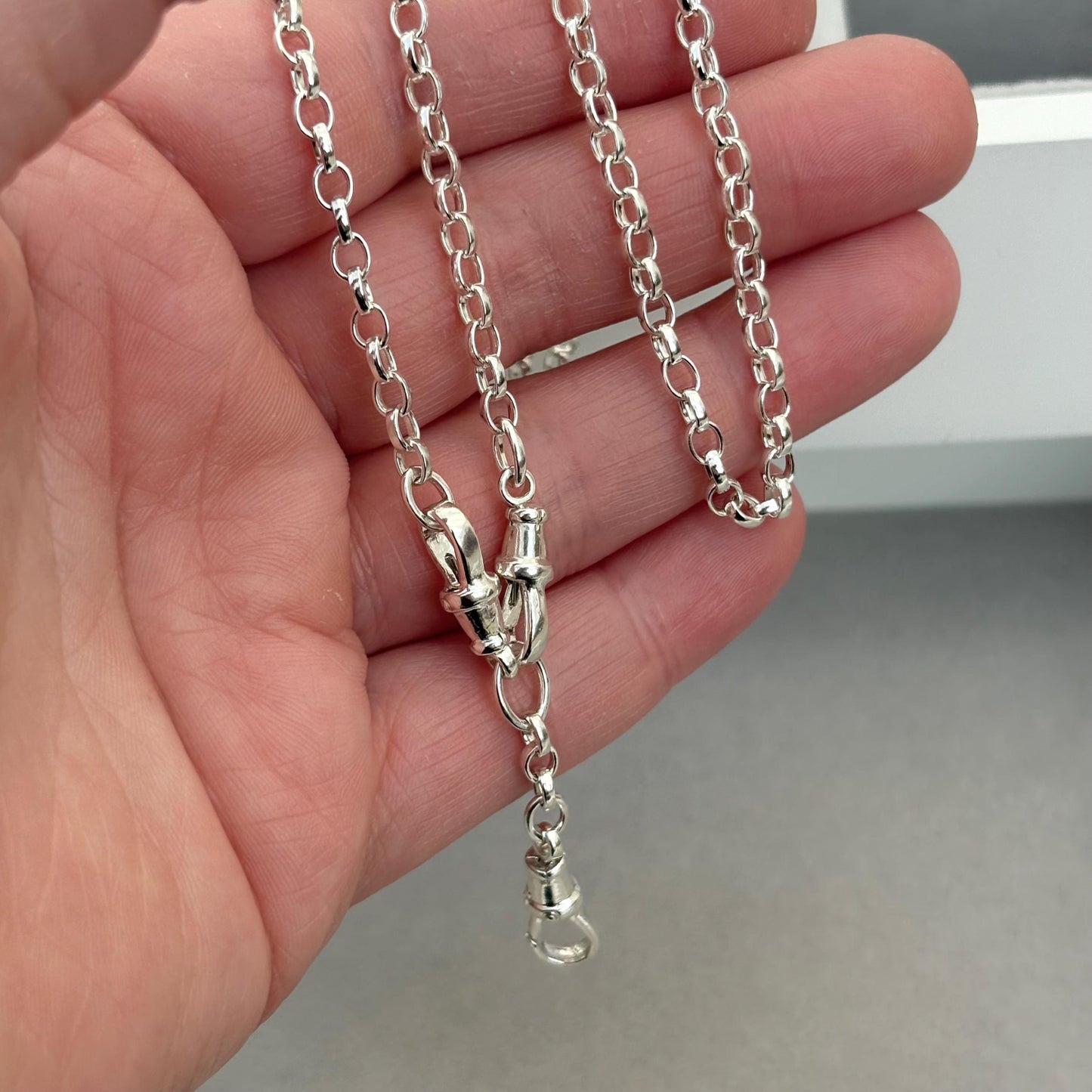 New listing - Oxidised or polished solid sterling silver oval belcher single Albert swivel clasp chain and double swivel drop pendant