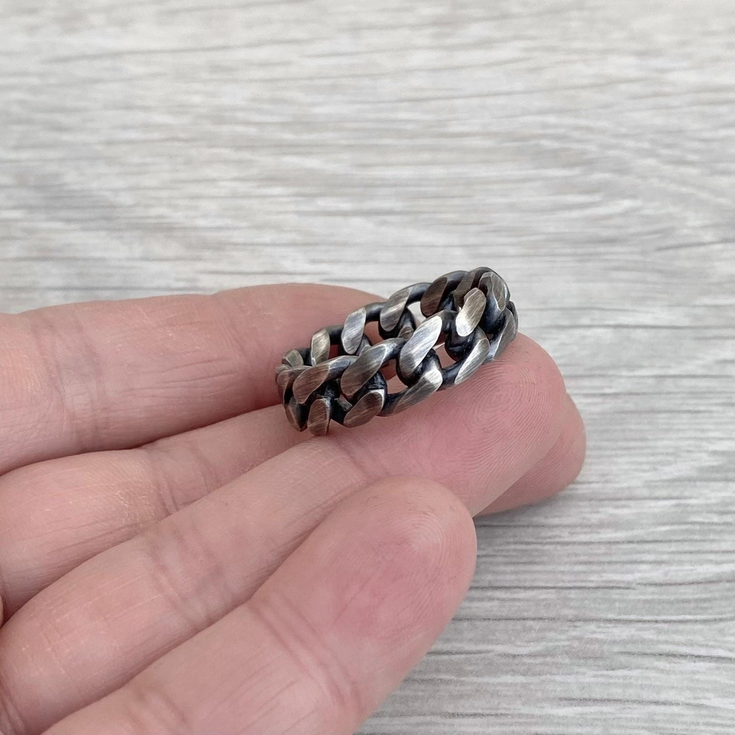 Sample sale - Handmade oxidised chunky solid sterling silver rustic curb chain ring