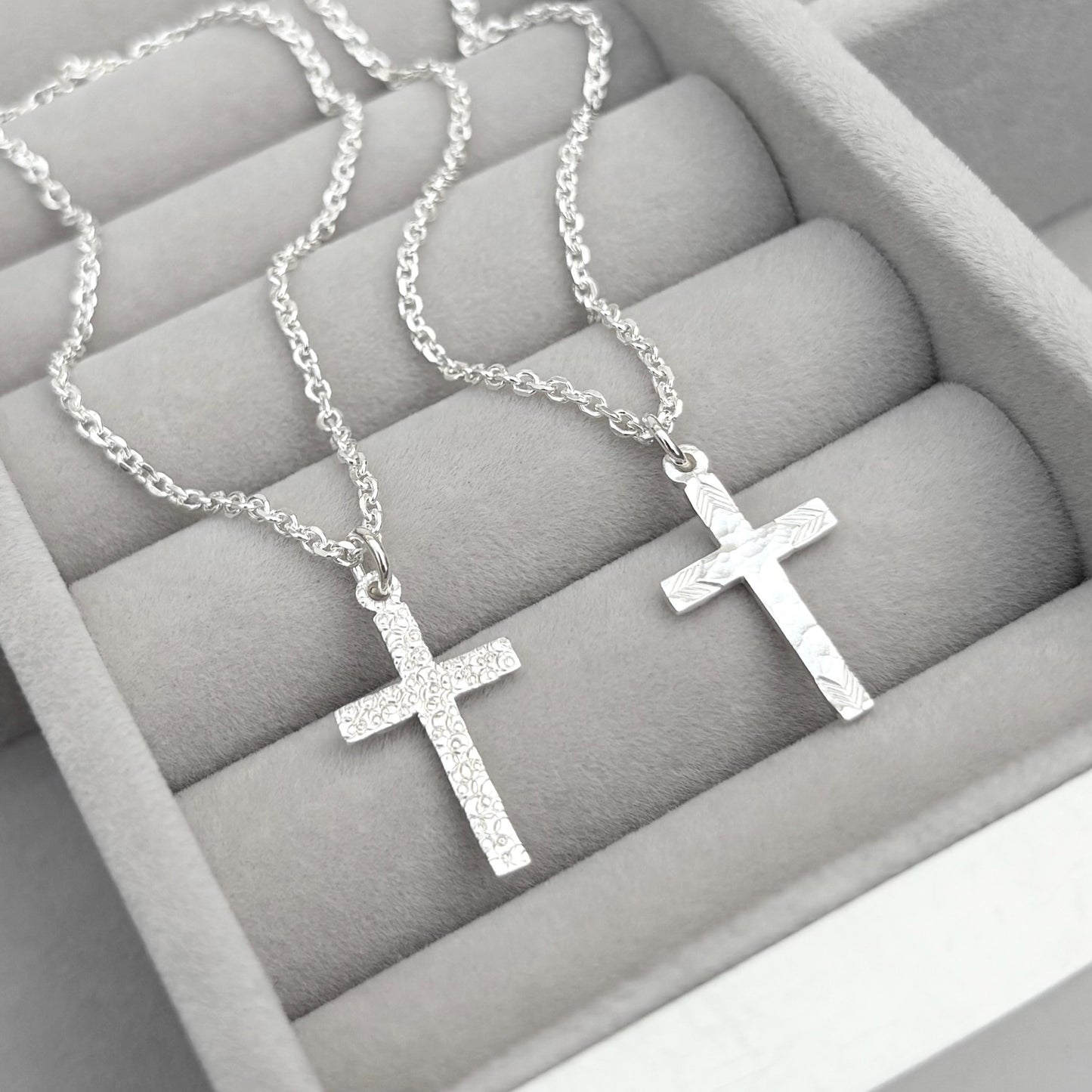 Sample sale - Polished small size solid sterling silver patterned cross pendants on tight filed trace chain