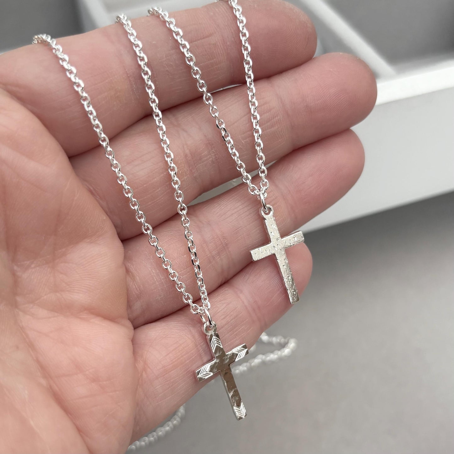 Sample sale - Polished small size solid sterling silver patterned cross pendants on tight filed trace chain