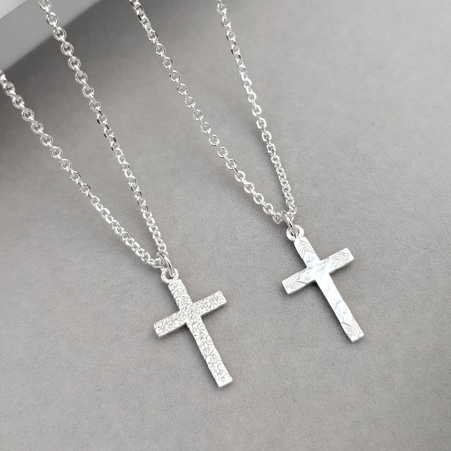 Sample sale - Polished small size solid sterling silver patterned cross pendants on tight filed trace chain