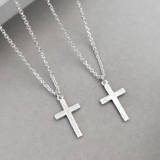 Sample sale - Polished small size solid sterling silver patterned cross pendants on tight filed trace chain