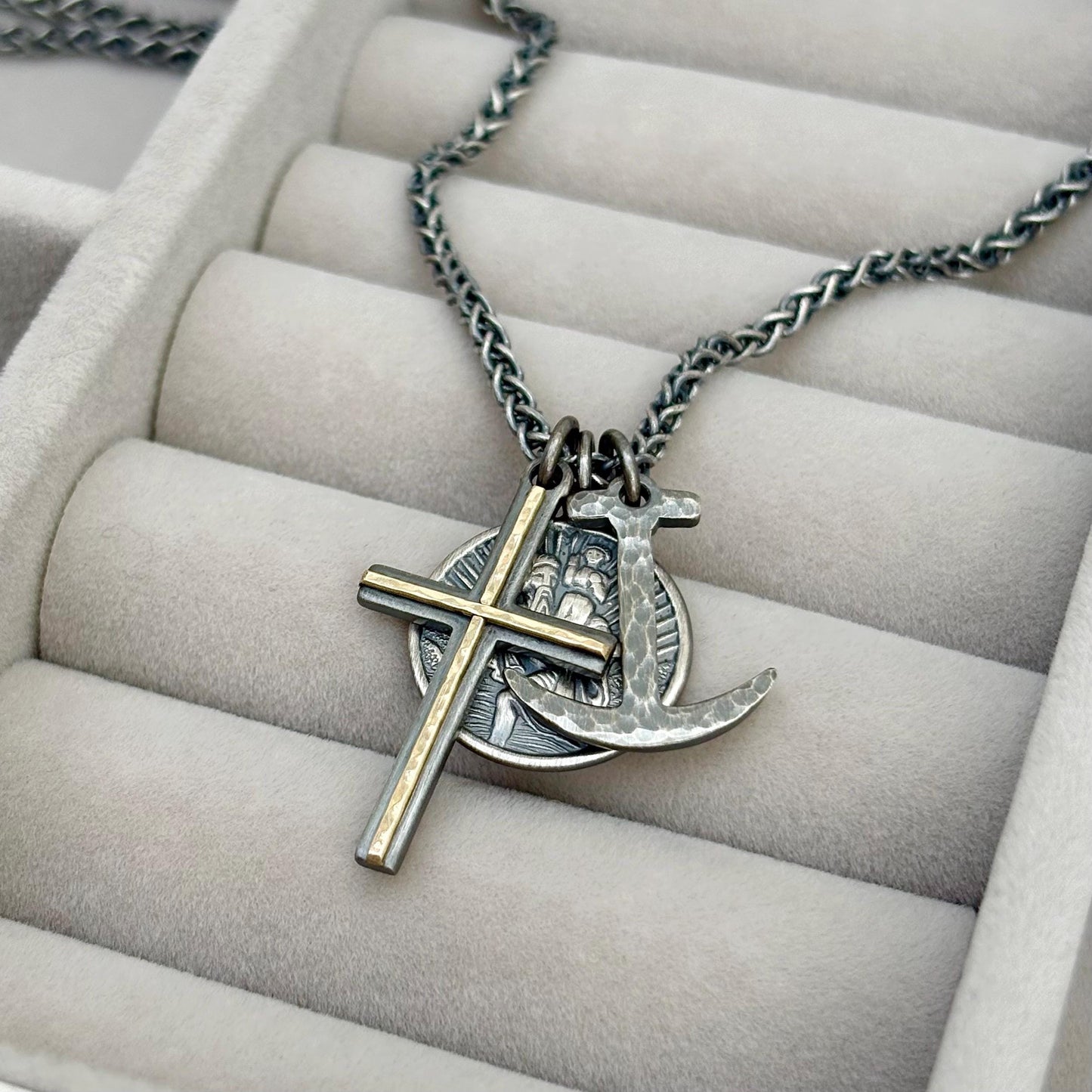 New listing - Oxidised solid sterling silver cross, saint christopher and anchor charm pendants on a spiga chain