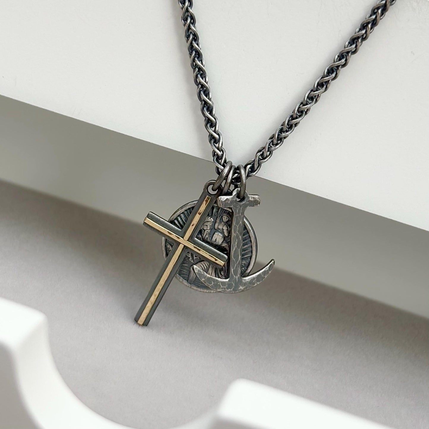 New listing - Oxidised solid sterling silver cross, saint christopher and anchor charm pendants on a spiga chain
