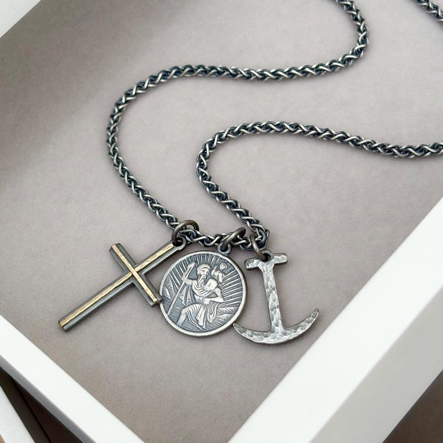 New listing - Oxidised solid sterling silver cross, saint christopher and anchor charm pendants on a spiga chain