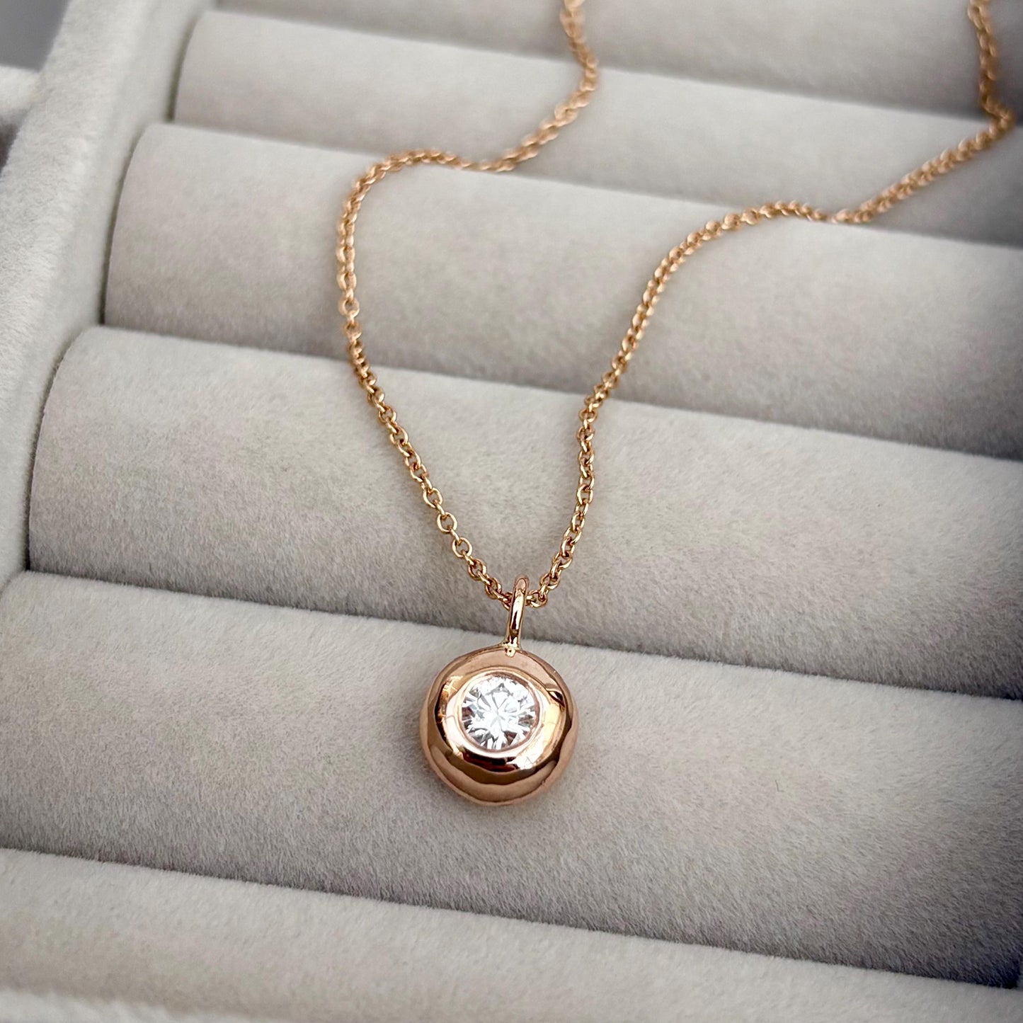 Handmade 9ct solid rose, yellow or white gold 4mm 0.25ct round lab diamond nugget pendant on a trace chain