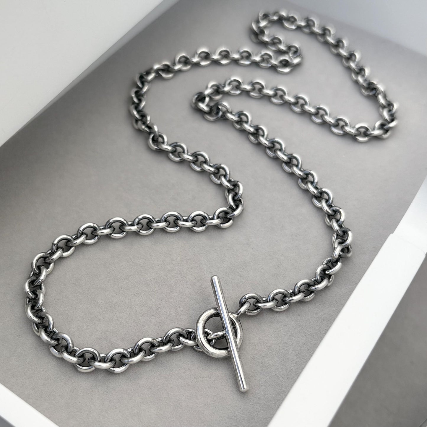 Sample sale - Antiqued solid sterling silver heavy 6mm wide cable chain and t bar design
