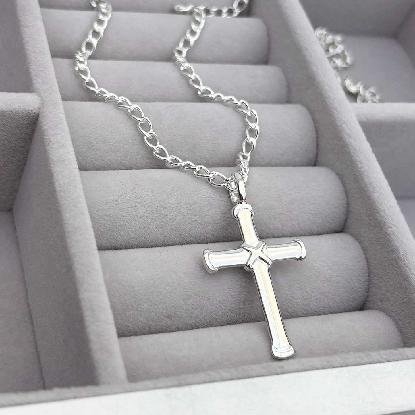 Sample sale - Solid sterling silver cross pendant on an open curb chain