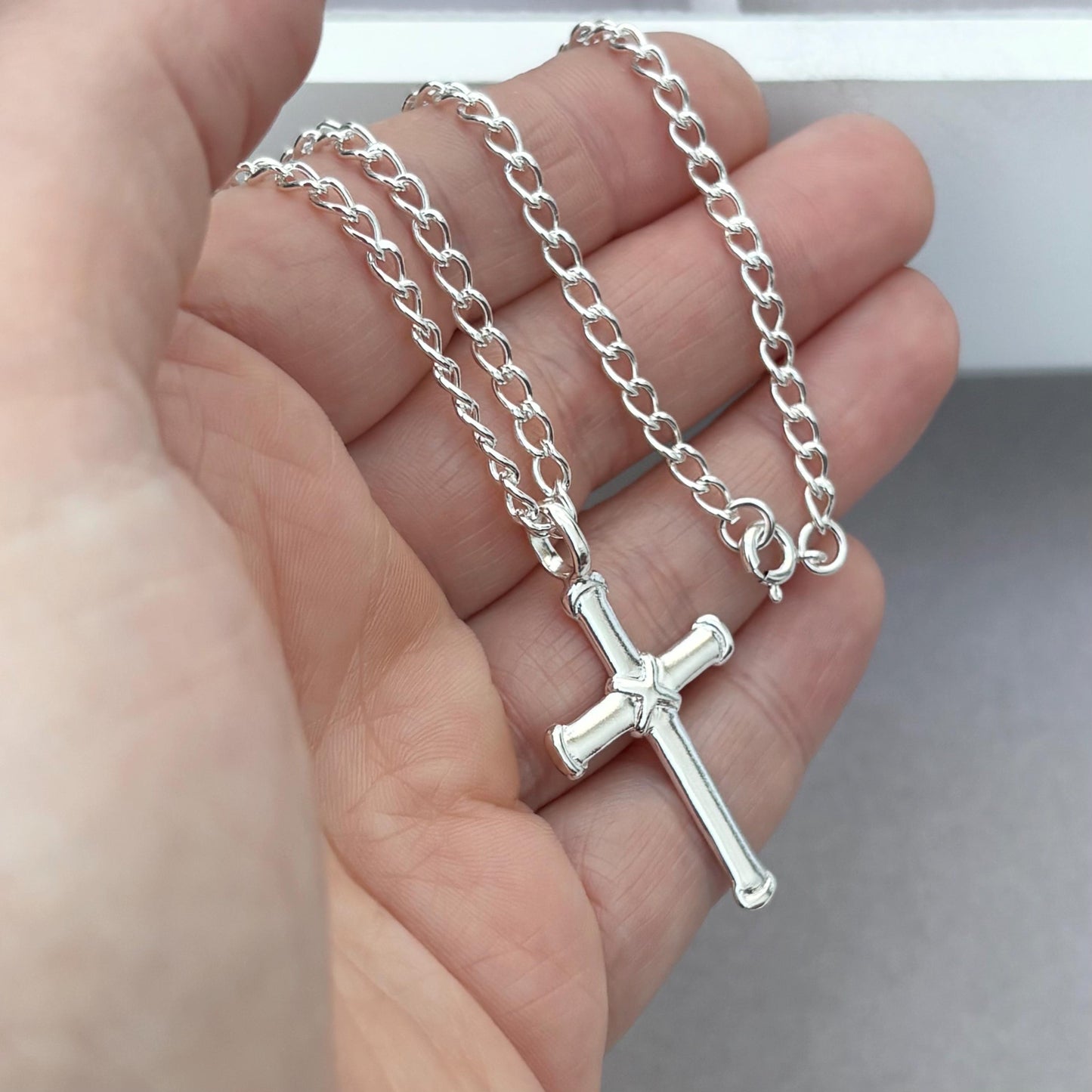 Sample sale - Solid sterling silver cross pendant on an open curb chain