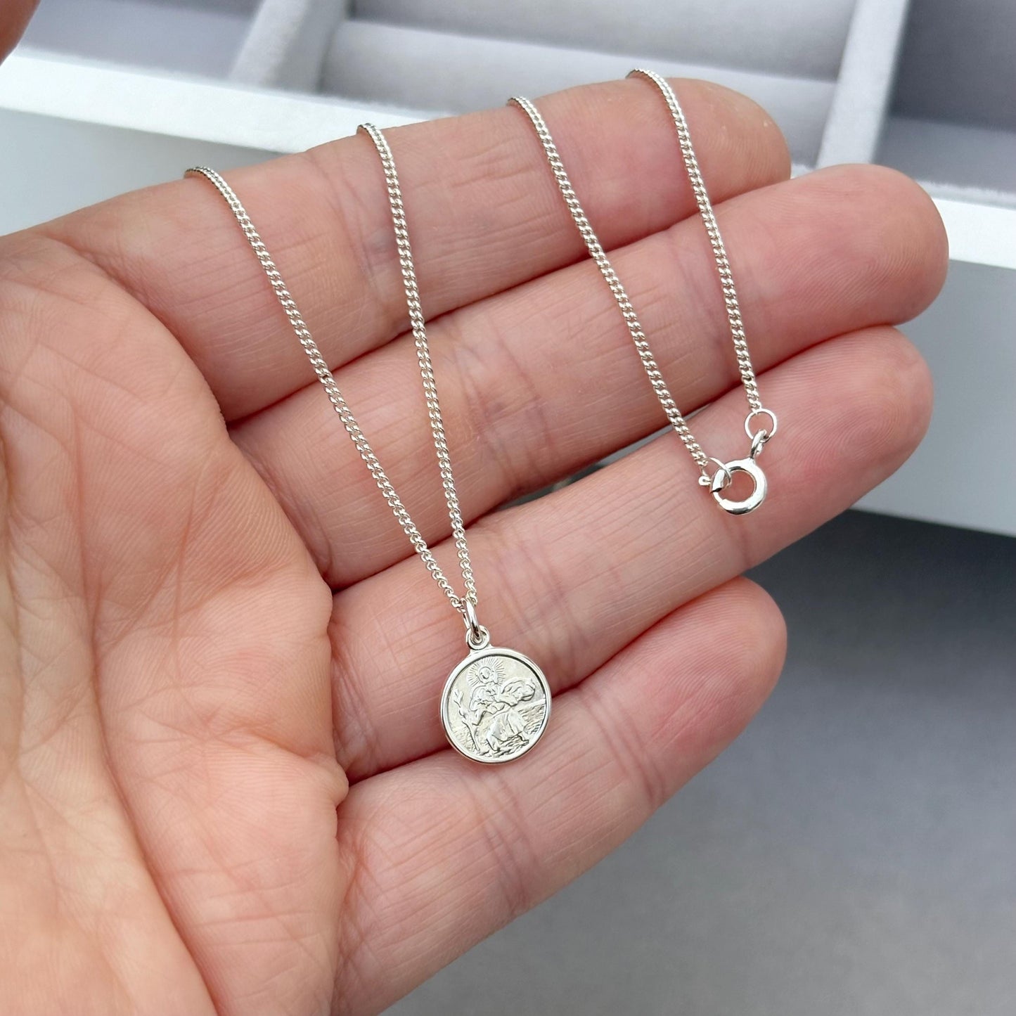 Sample sale - Solid sterling silver dainty round Saint Christopher pendant on a curb chain