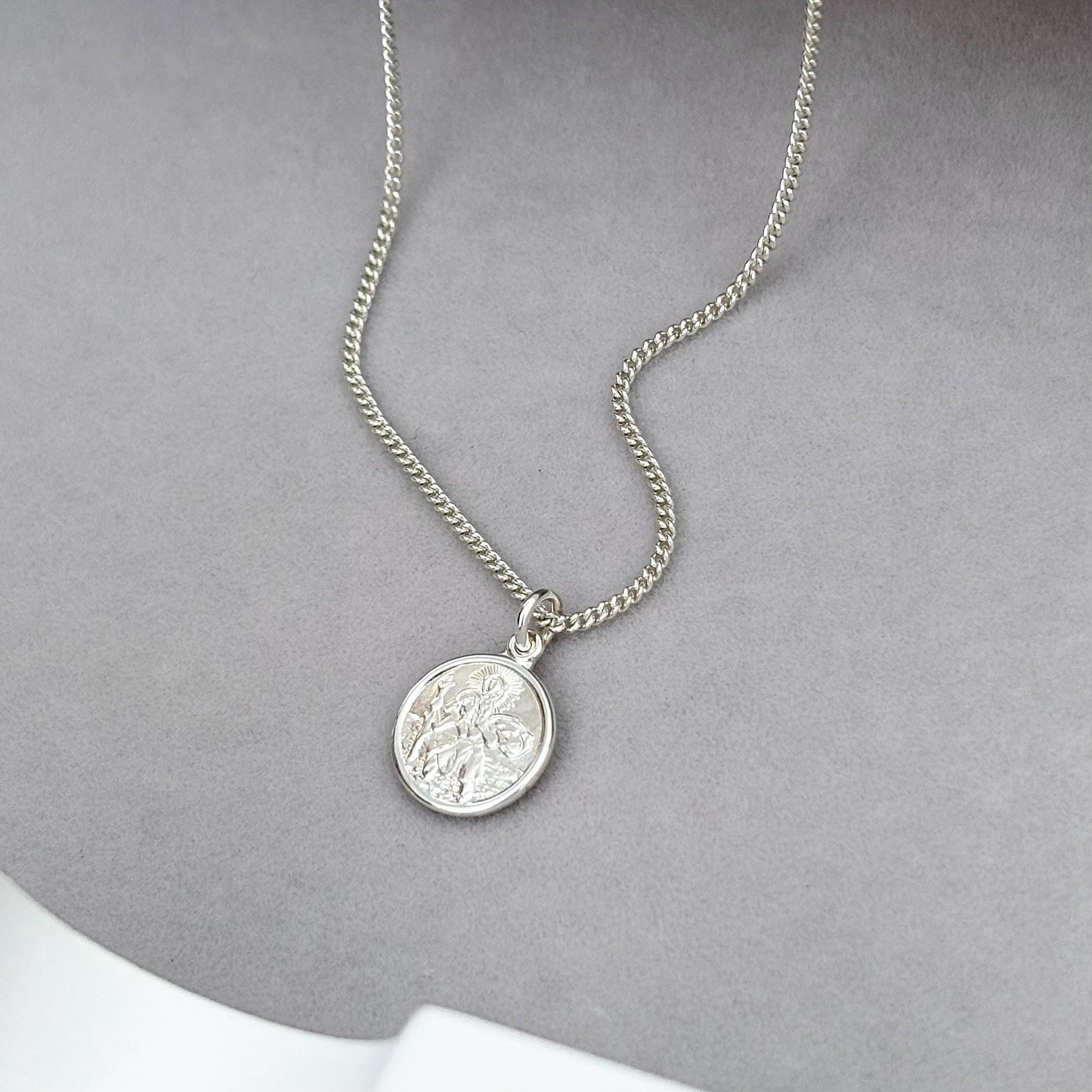 Sample sale - Solid sterling silver dainty round Saint Christopher pendant on a curb chain