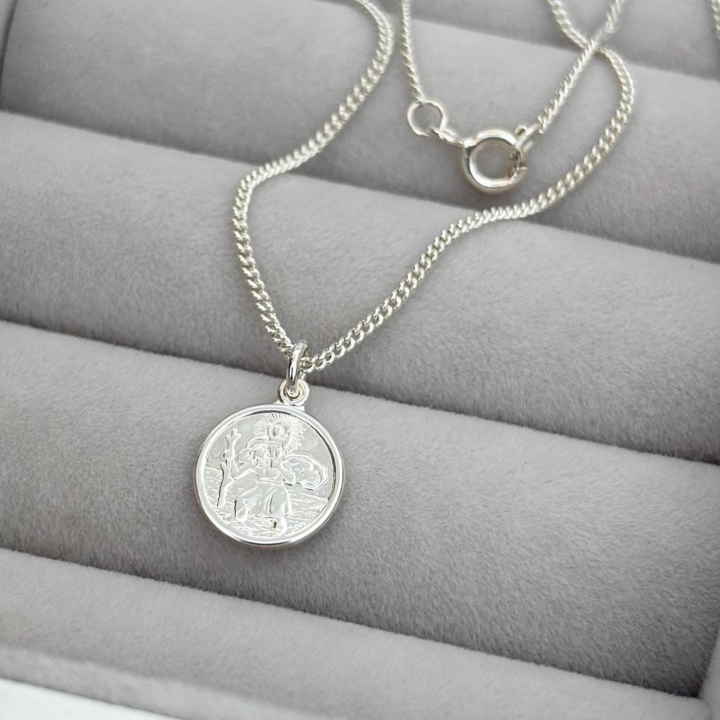 Sample sale - Solid sterling silver dainty round Saint Christopher pendant on a curb chain