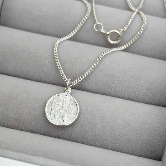 Sample sale - Solid sterling silver dainty round Saint Christopher pendant on a curb chain