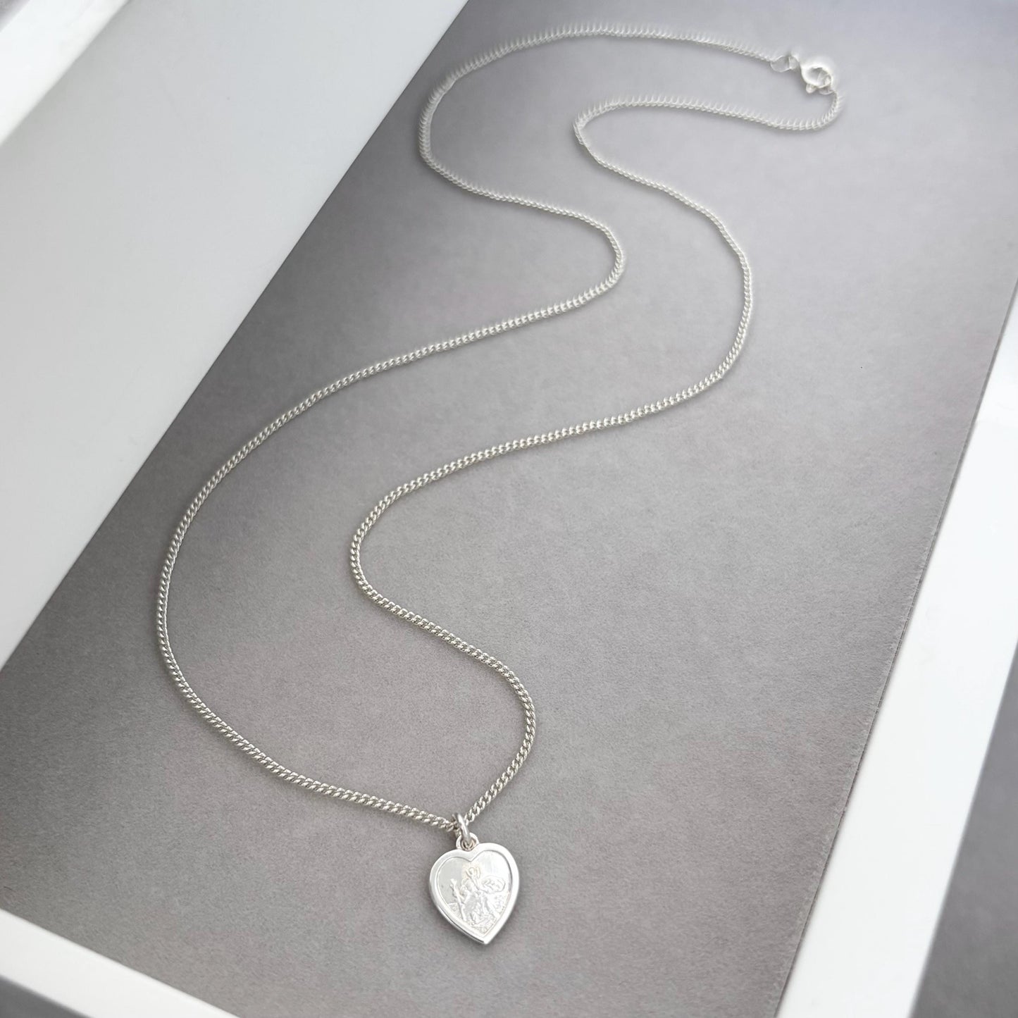 Sample sale - Solid sterling silver dainty heart Saint Christopher pendant on a curb chain