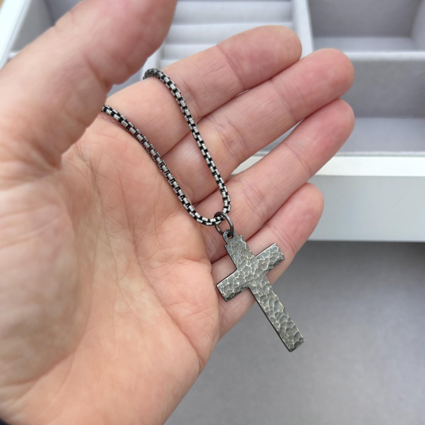 Sample sale - Oxidised solid sterling silver extra large hammered cross pendant on a box chain
