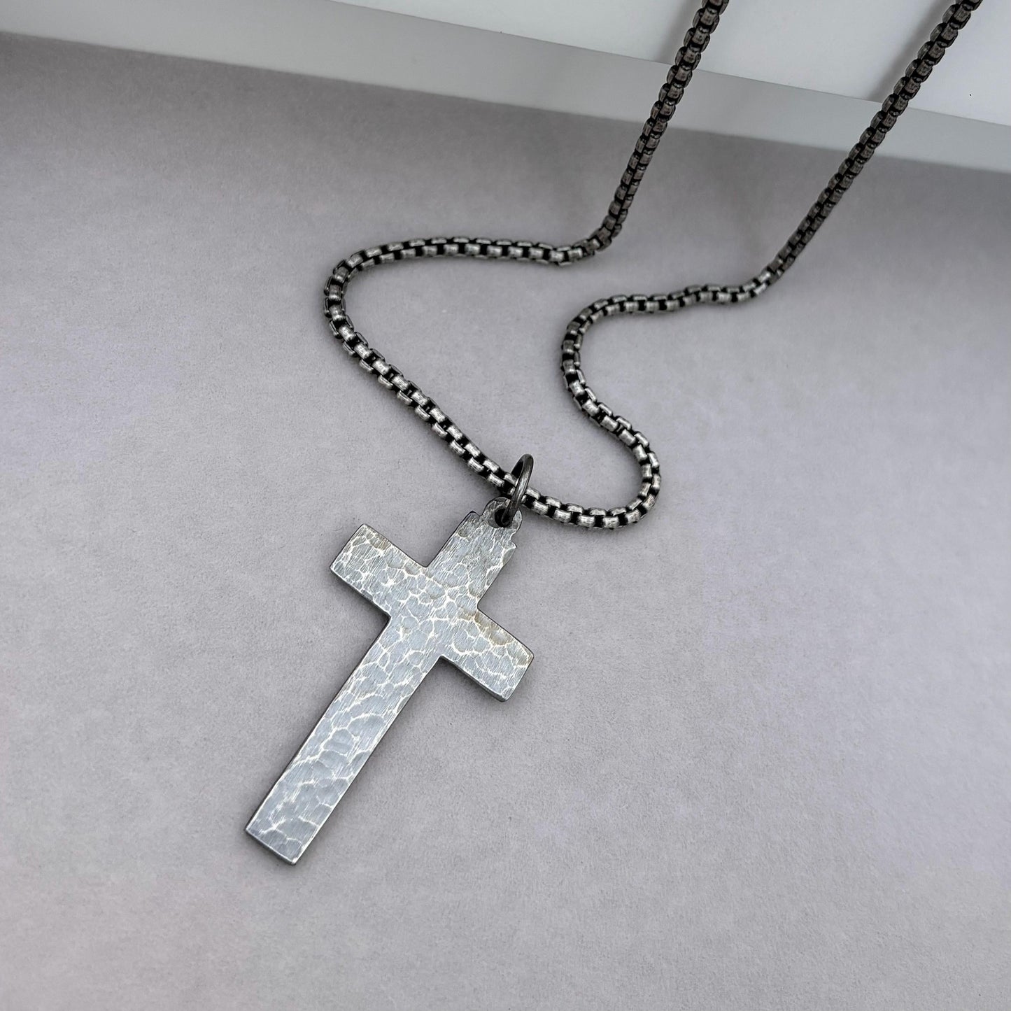 Sample sale - Oxidised solid sterling silver extra large hammered cross pendant on a box chain