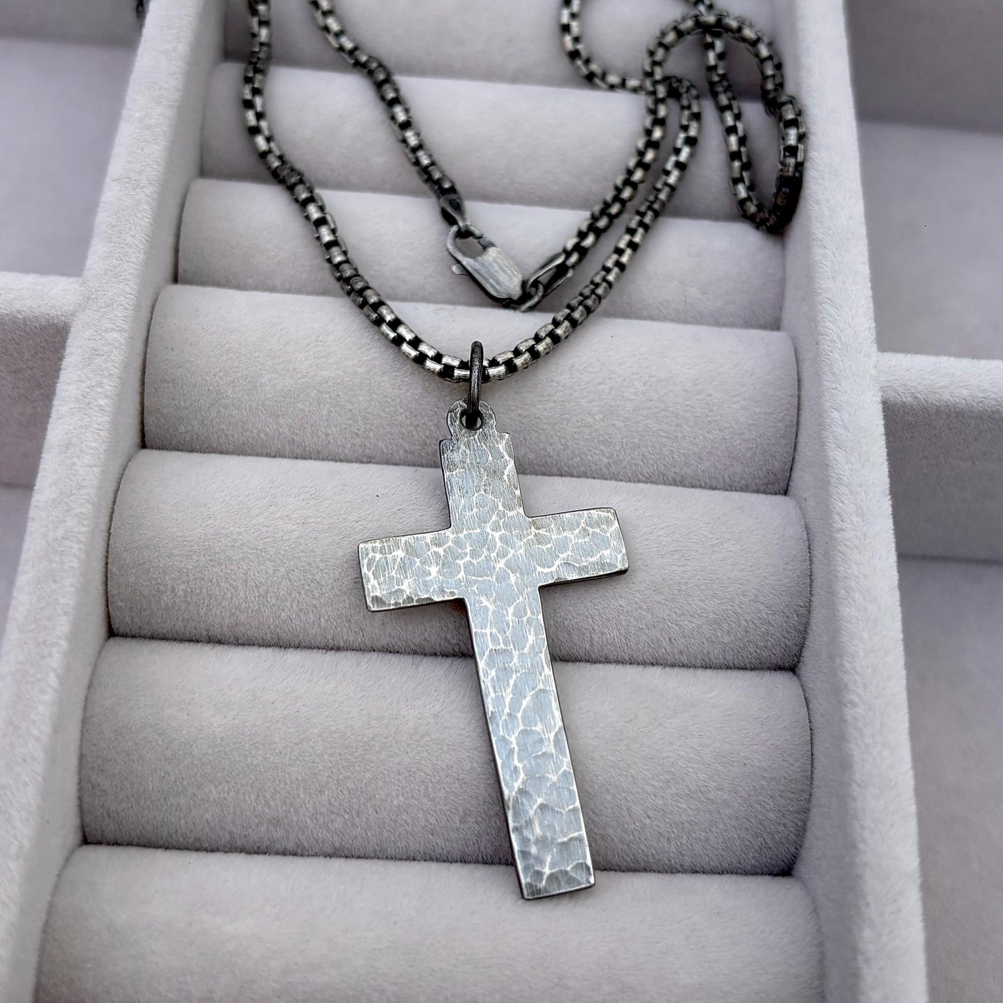 Sample sale - Oxidised solid sterling silver extra large hammered cross pendant on a box chain