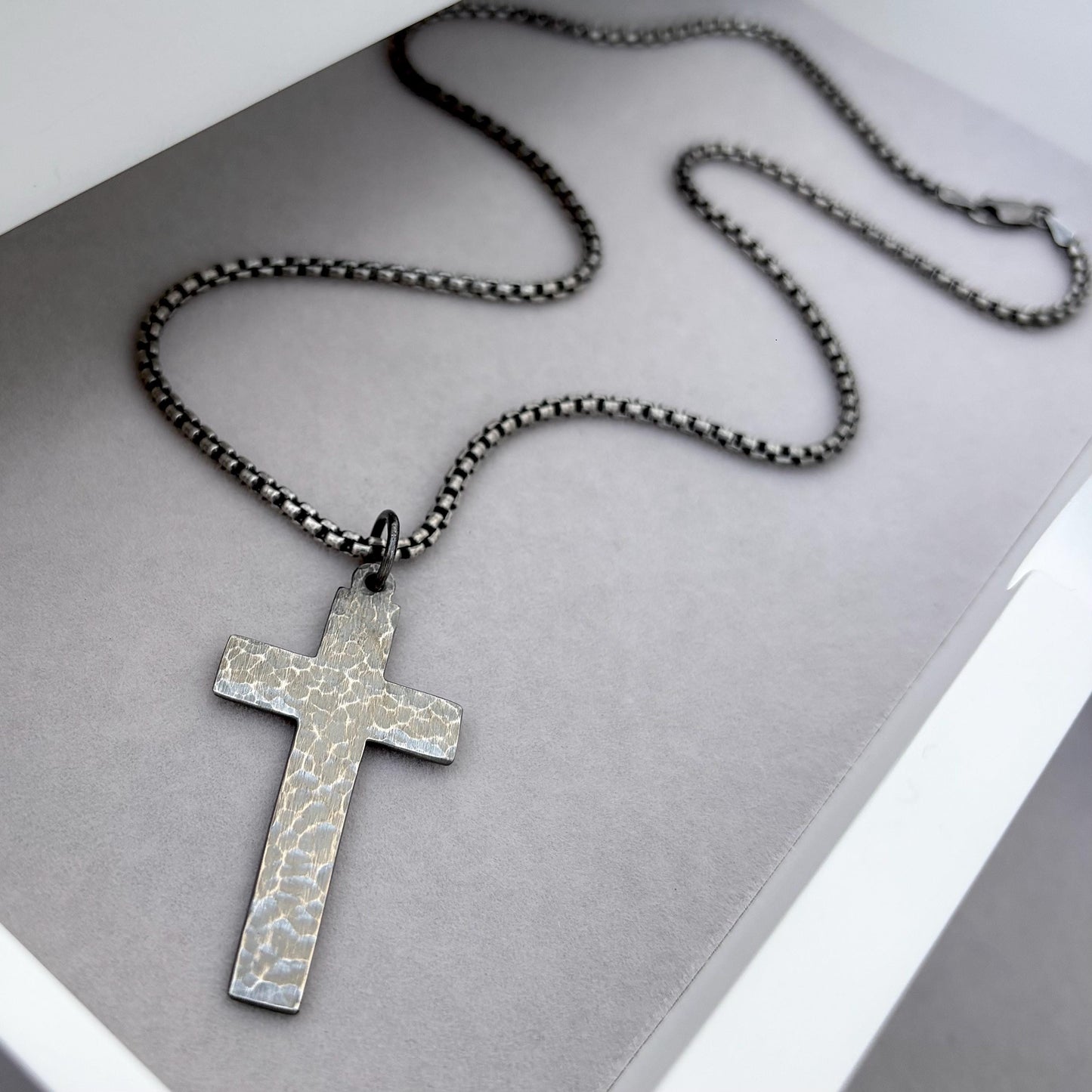 Sample sale - Oxidised solid sterling silver extra large hammered cross pendant on a box chain