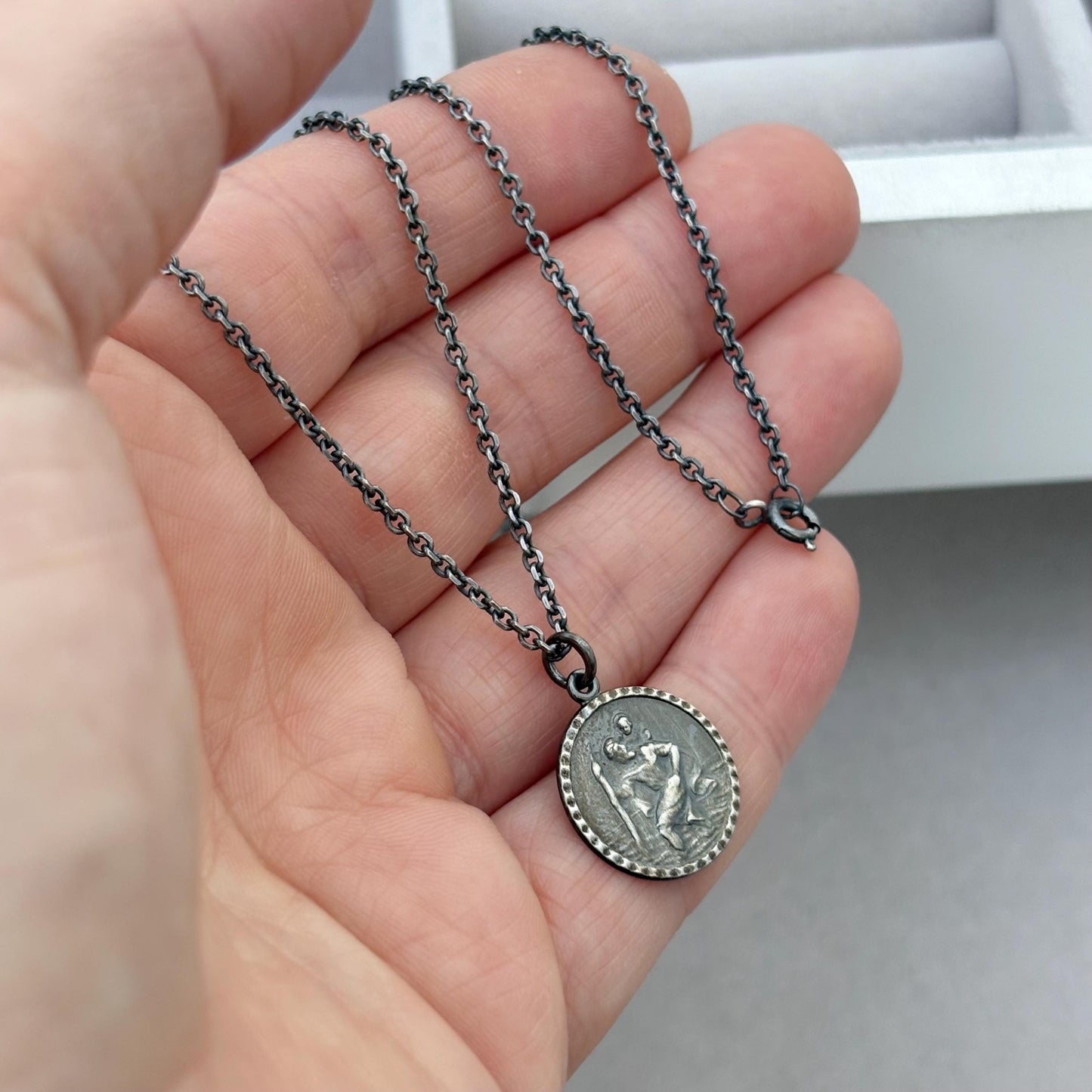 Sample sale - Oxidised solid sterling silver round Saint Christopher pendant on a diamond cut trace chain