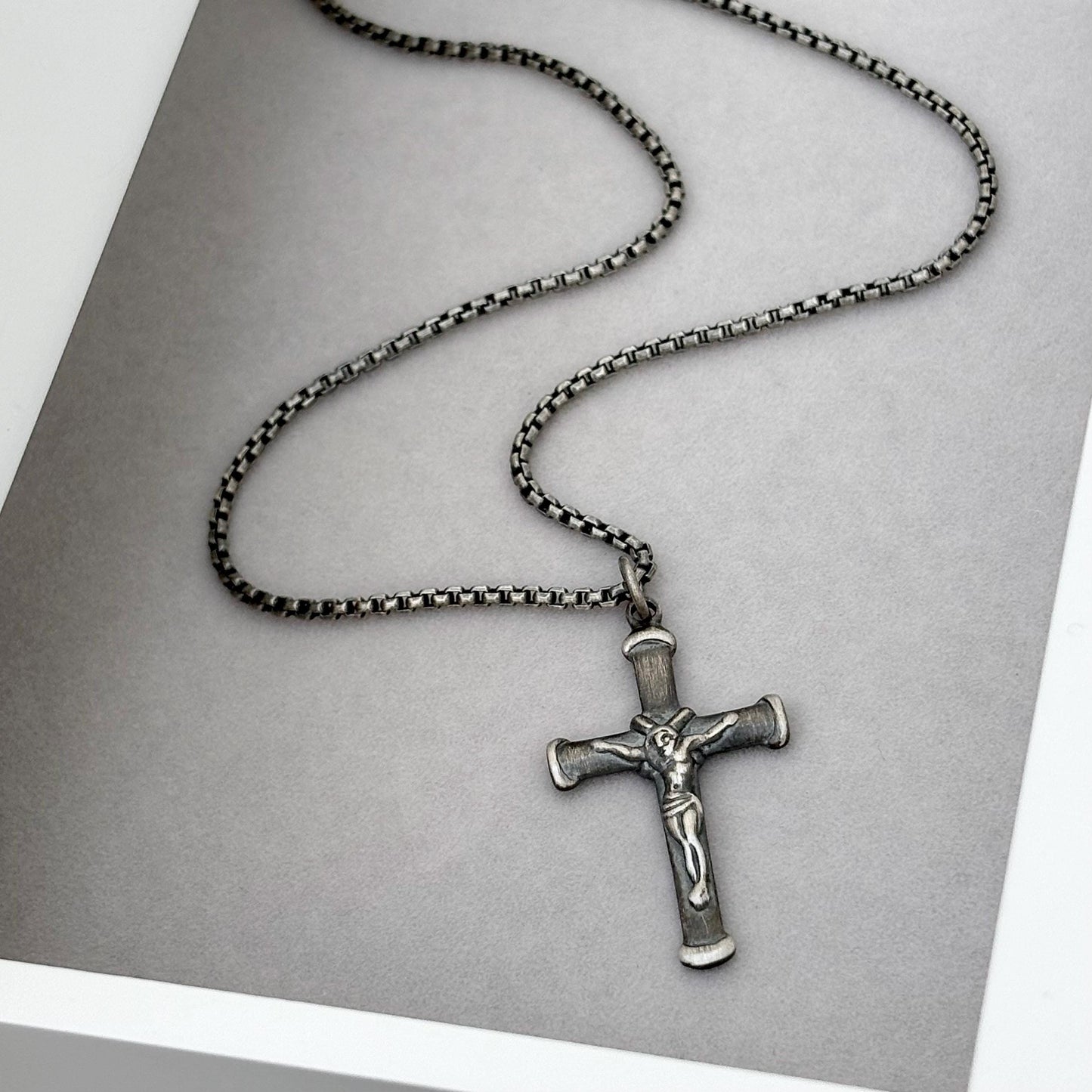Sample sale - Oxidised solid sterling silver crucifix pendant on a box chain