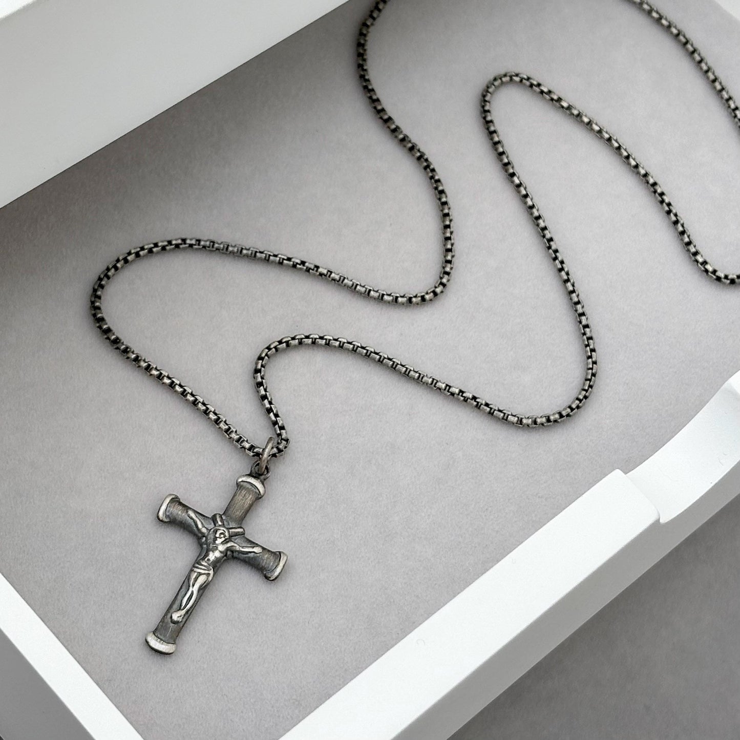 Sample sale - Oxidised solid sterling silver crucifix pendant on a box chain