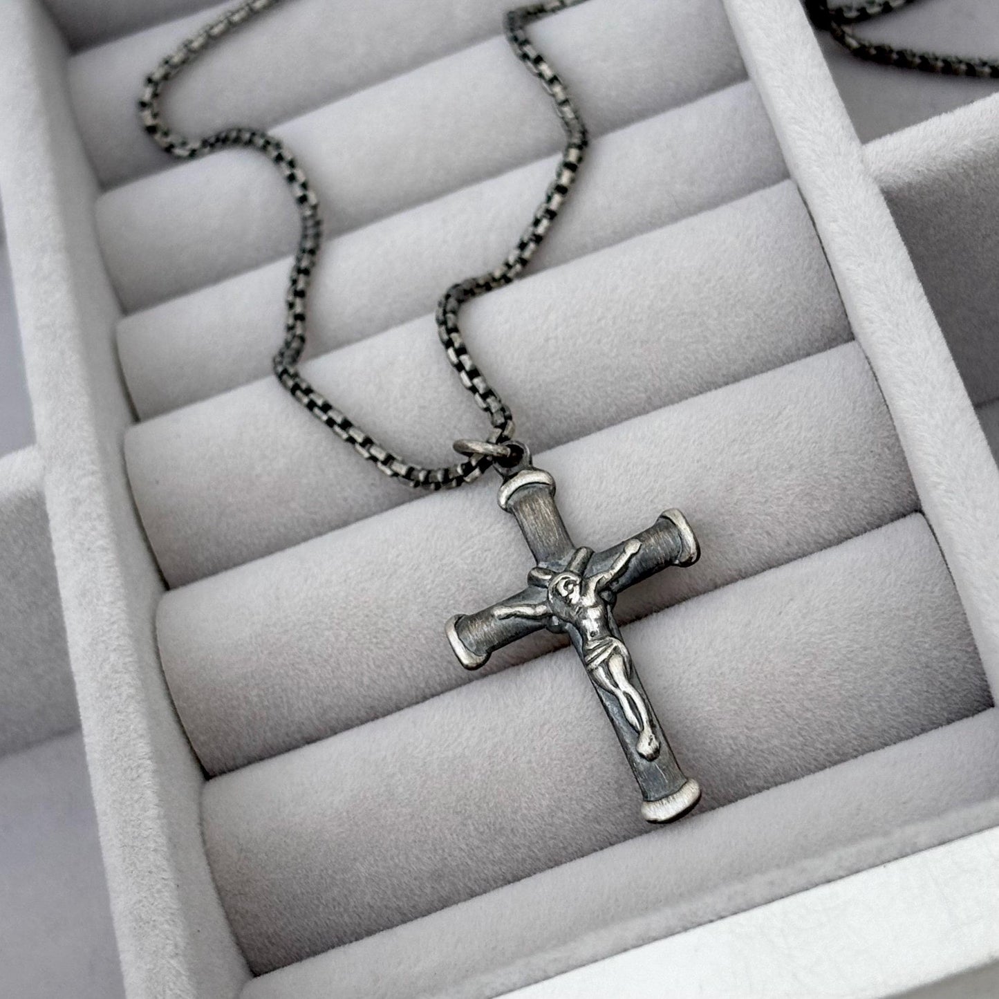 Sample sale - Oxidised solid sterling silver crucifix pendant on a box chain