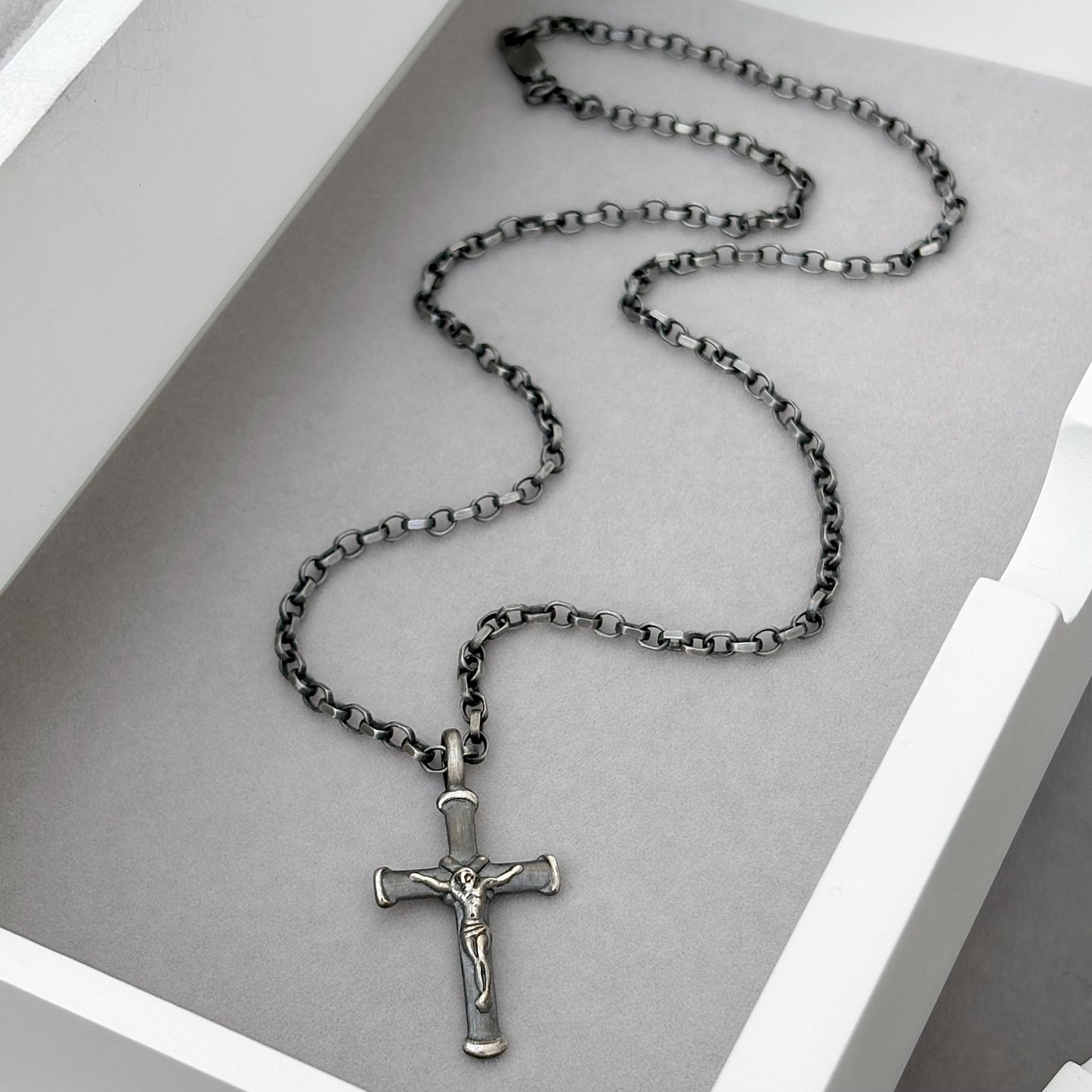 Sample sale - Oxidised solid sterling silver crucifix pendant on a diamond cut belcher chain