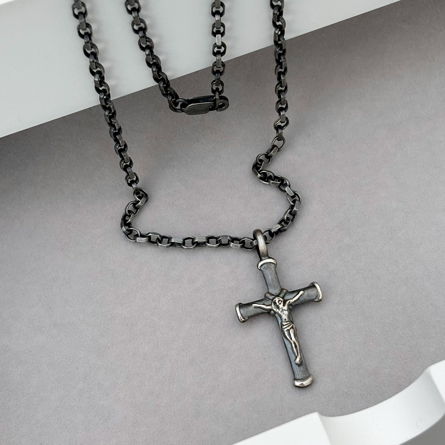 Sample sale - Oxidised solid sterling silver crucifix pendant on a diamond cut belcher chain