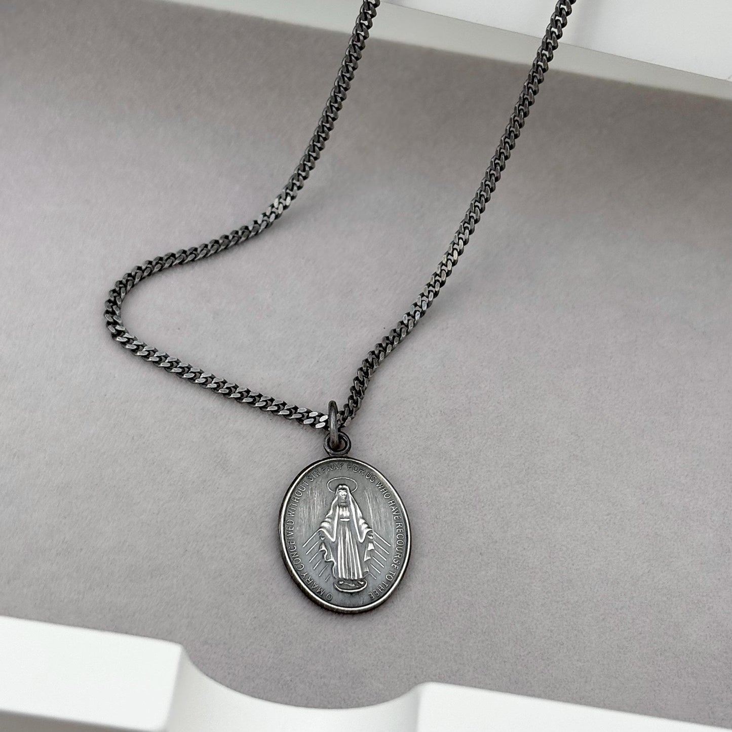 Sample sale - Oxidised solid sterling silver large size oval miraculous medal pendant on a flat curb chain