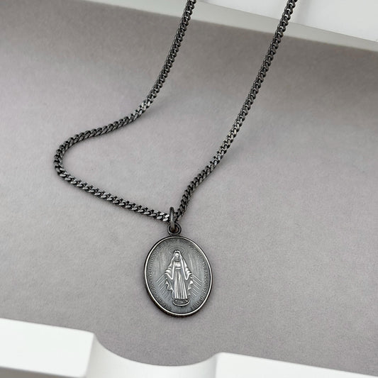 Sample sale - Oxidised solid sterling silver large size oval miraculous medal pendant on a flat curb chain