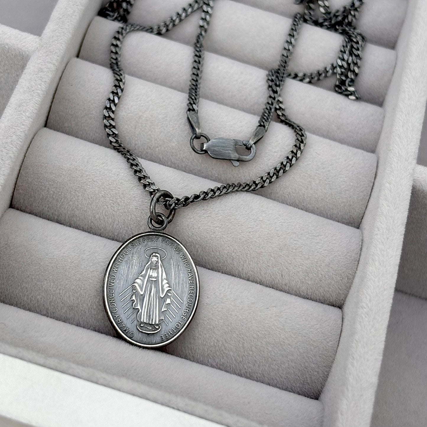 Sample sale - Oxidised solid sterling silver large size oval miraculous medal pendant on a flat curb chain