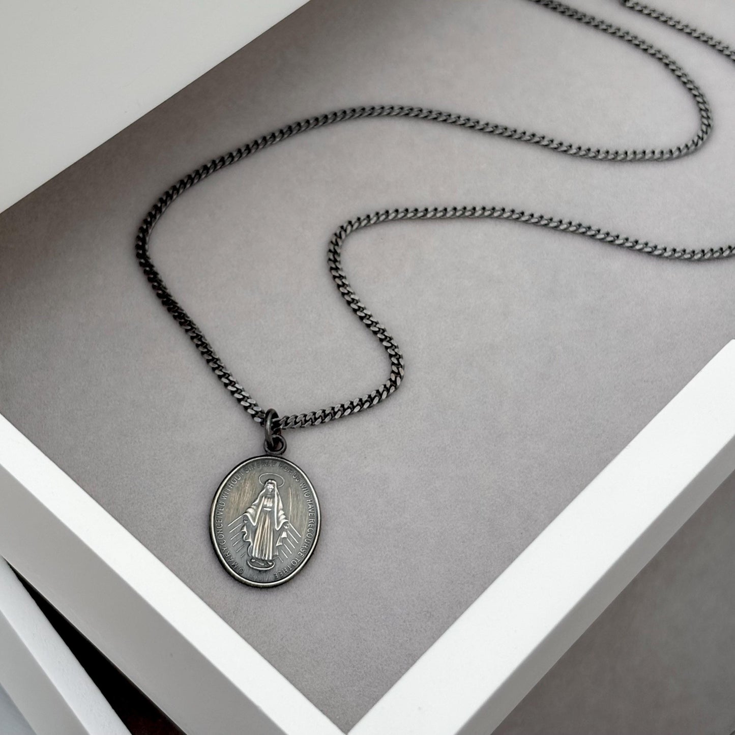 Sample sale - Oxidised solid sterling silver large size oval miraculous medal pendant on a flat curb chain