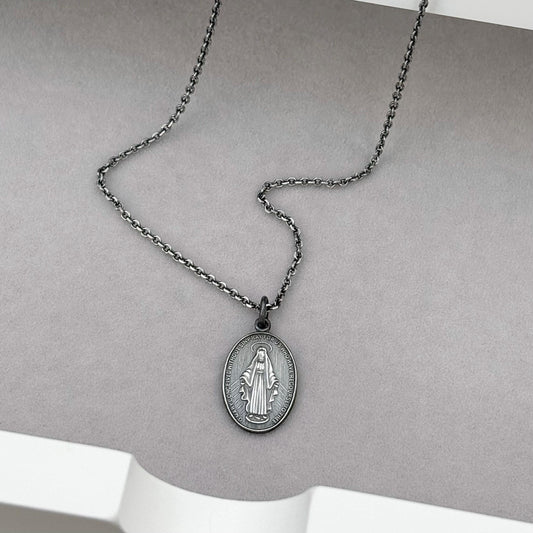 Sample sale - Oxidised solid sterling silver small size oval miraculous medal pendant on a filed trace chain