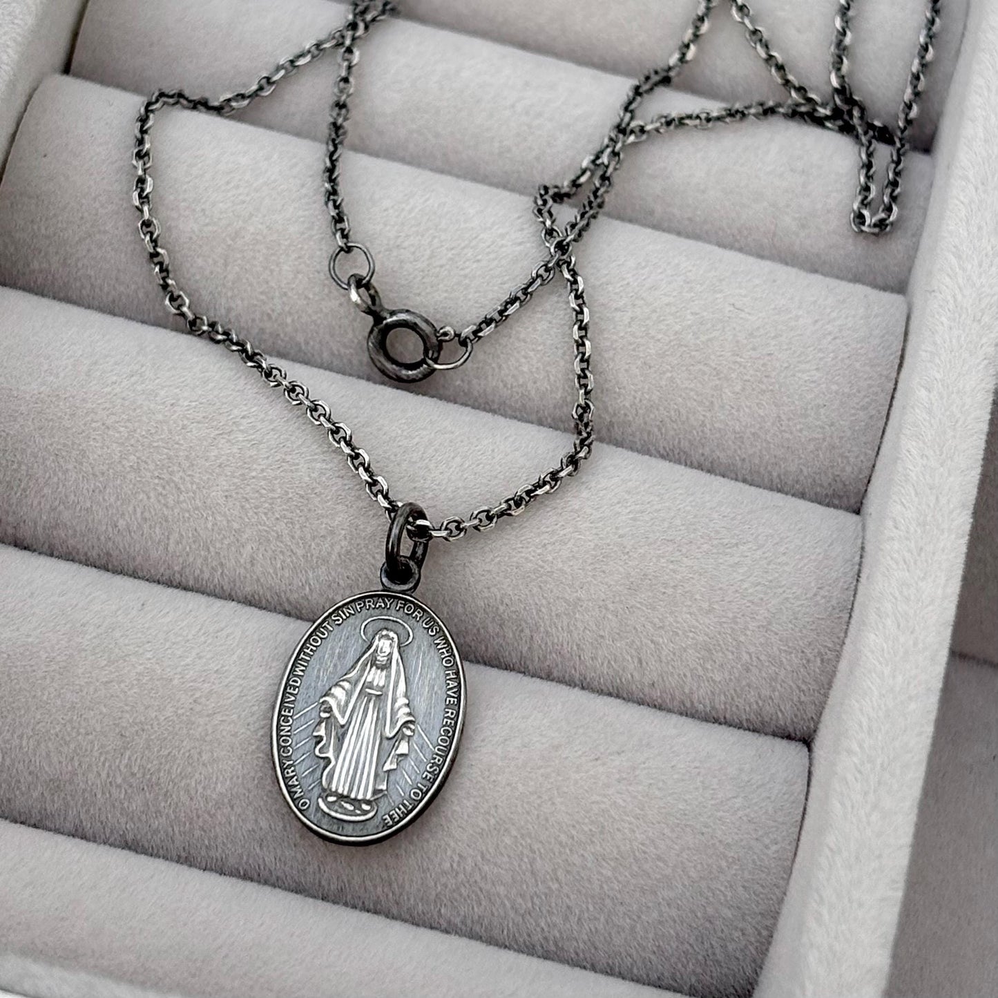 Sample sale - Oxidised solid sterling silver small size oval miraculous medal pendant on a filed trace chain