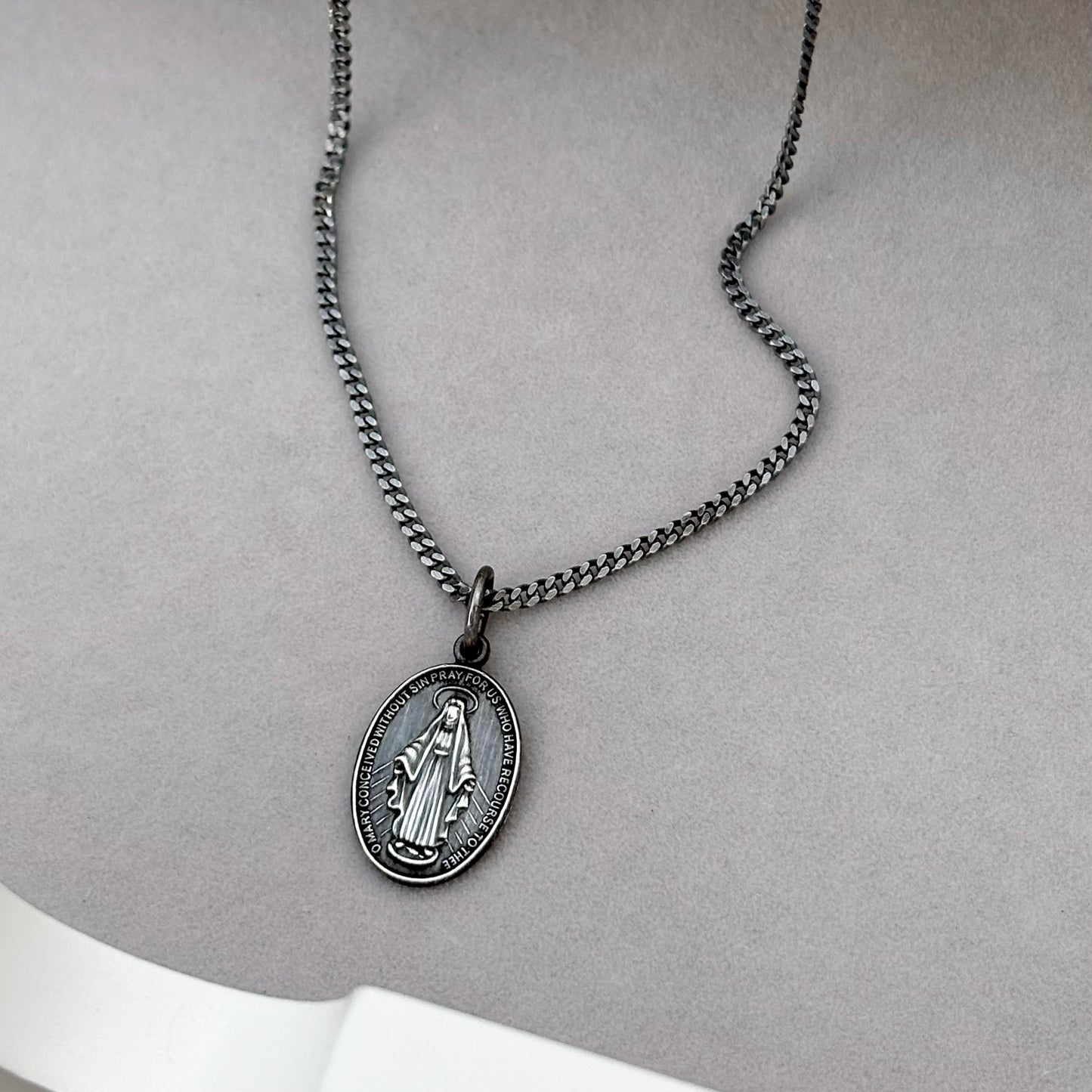 Sample sale - Oxidised solid sterling silver small size oval miraculous medal pendant on a flat curb chain