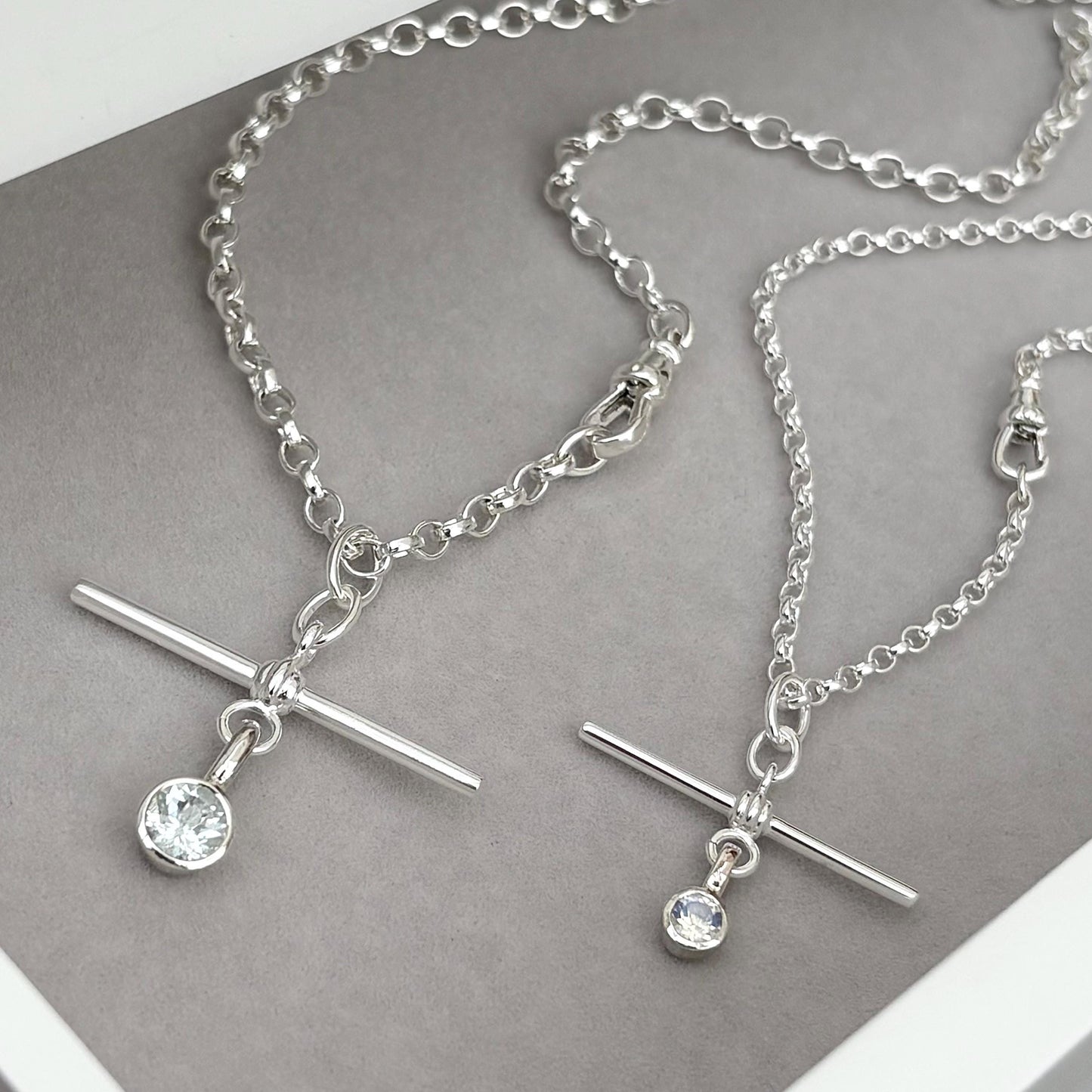 New listing - Aquamarine or moonstone solid sterling silver T Bar design pendant on a single Albert swivel clasp chain necklace