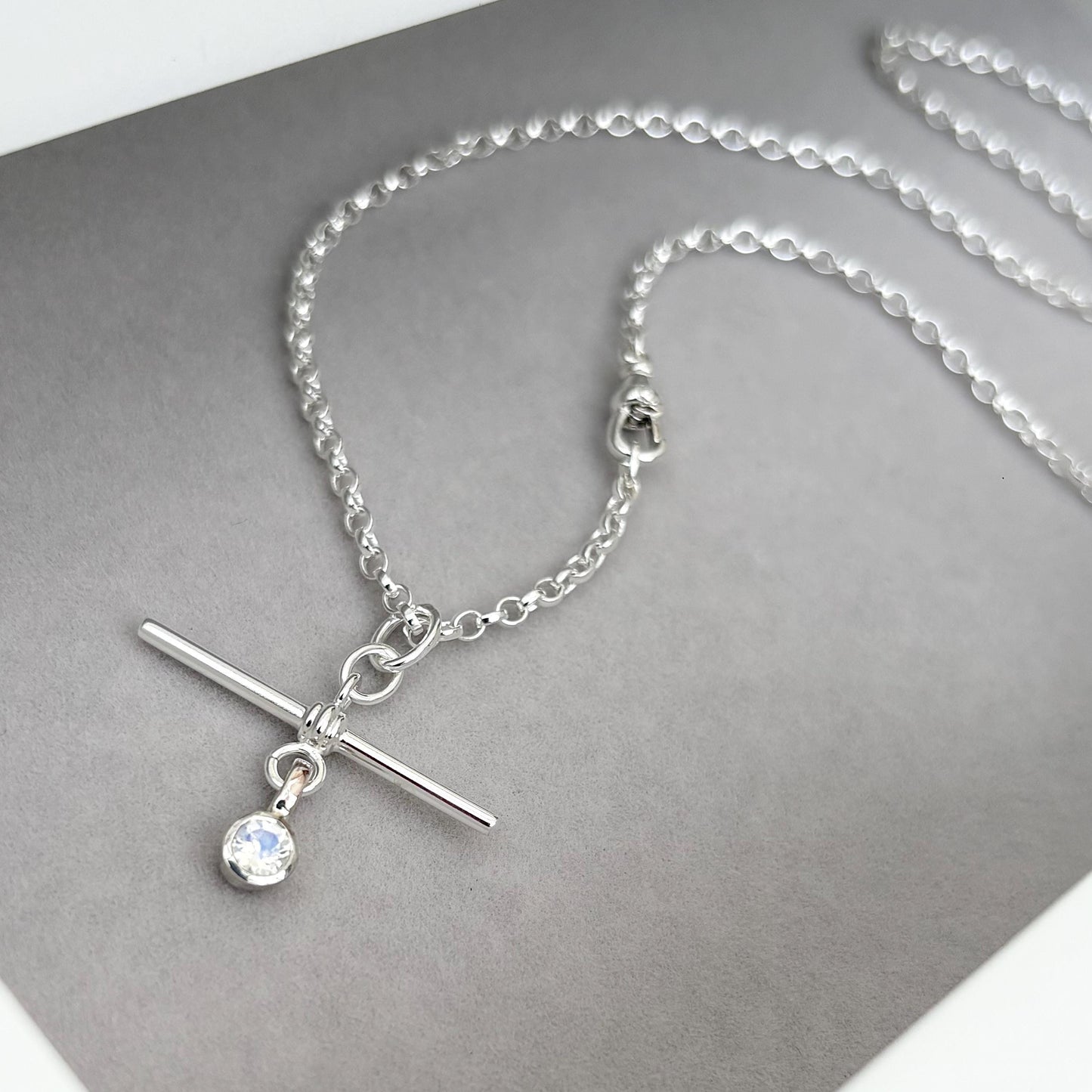 New listing - Aquamarine or moonstone solid sterling silver T Bar design pendant on a single Albert swivel clasp chain necklace