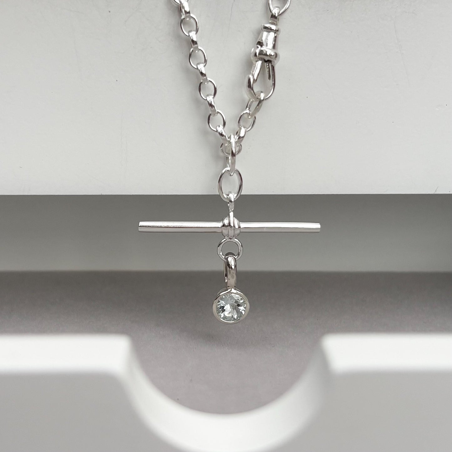 New listing - Aquamarine solid sterling silver T Bar design pendant on a single Albert swivel clasp chain necklace