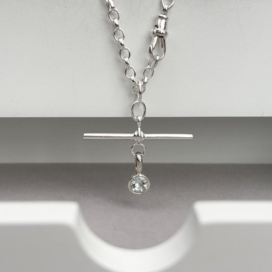 New listing - Aquamarine solid sterling silver T Bar design pendant on a single Albert swivel clasp chain necklace