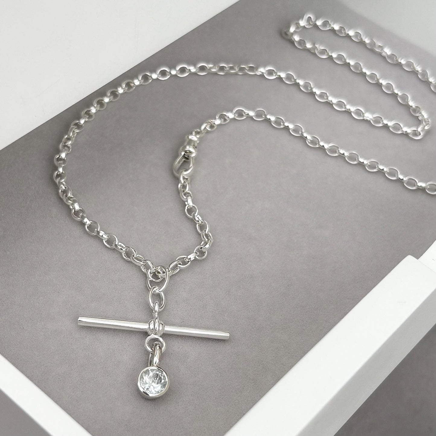 New listing - Aquamarine solid sterling silver T Bar design pendant on a single Albert swivel clasp chain necklace