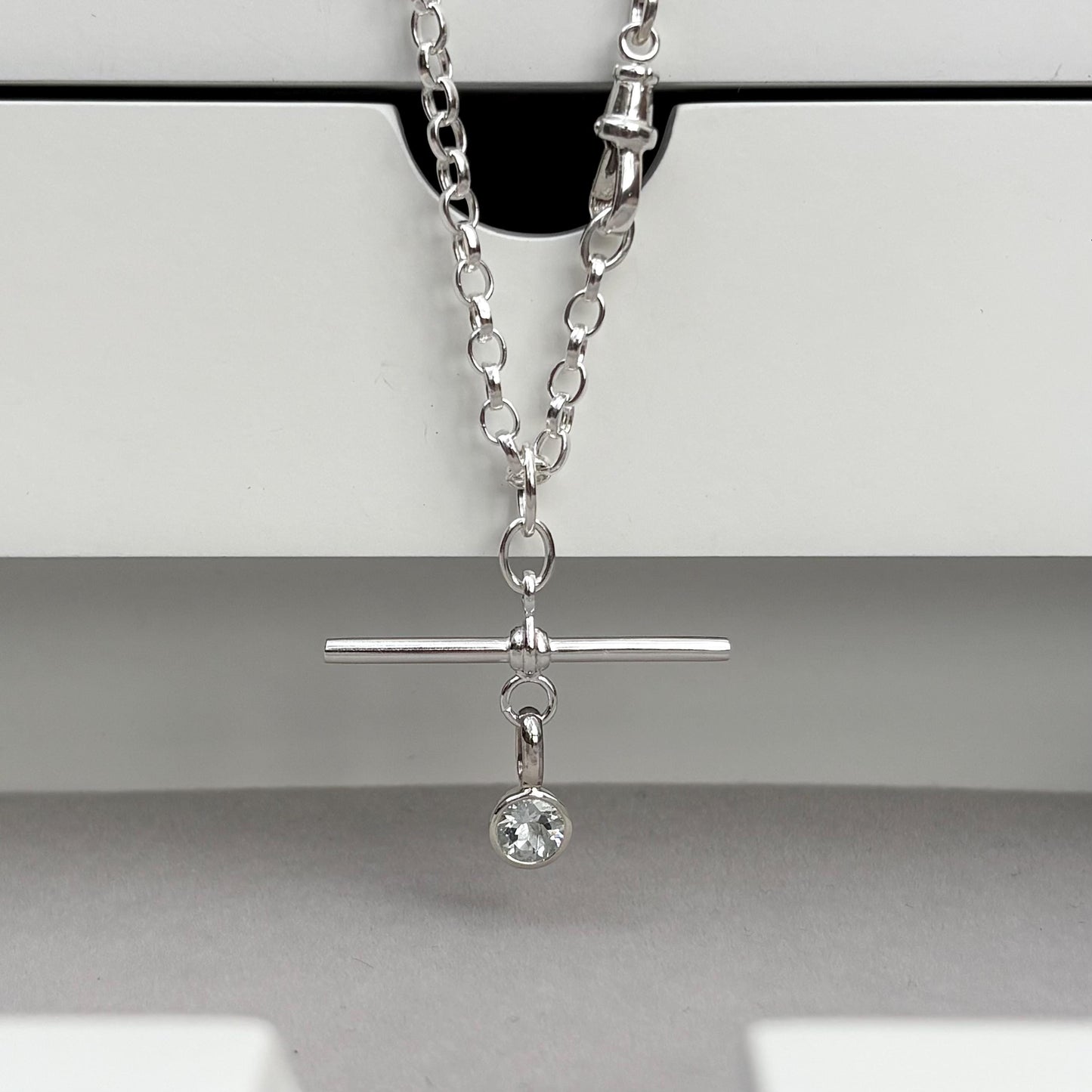 New listing - Aquamarine solid sterling silver T Bar design pendant on a single Albert swivel clasp chain necklace