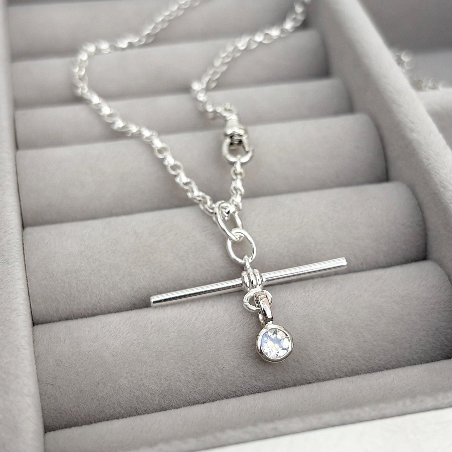 New listing - Moonstone solid sterling silver T Bar design pendant on a single Albert swivel clasp chain necklace