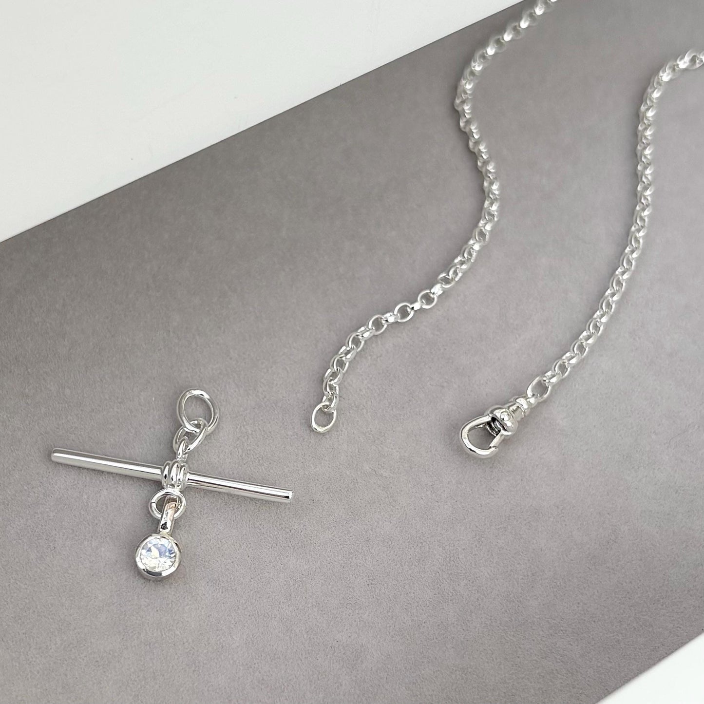 New listing - Moonstone solid sterling silver T Bar design pendant on a single Albert swivel clasp chain necklace