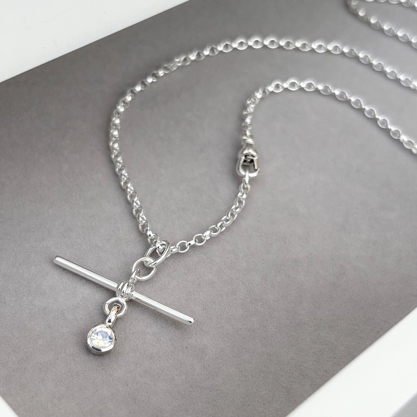 New listing - Moonstone solid sterling silver T Bar design pendant on a single Albert swivel clasp chain necklace
