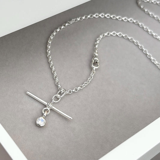 New listing - Moonstone solid sterling silver T Bar design pendant on a single Albert swivel clasp chain necklace