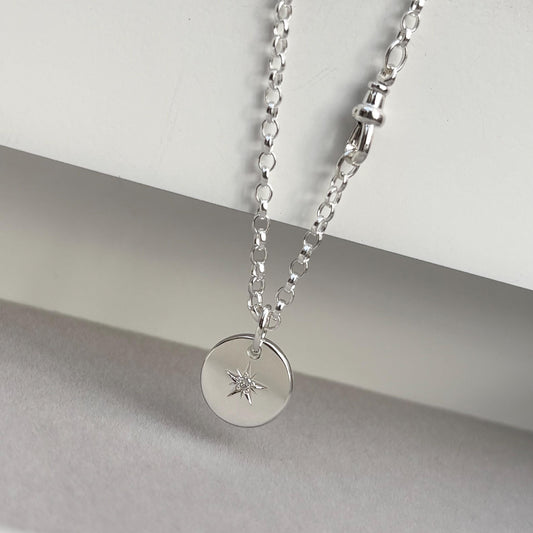 New listing - Oxidised or polished solid sterling silver star engraved diamond pendant and oval belcher single Albert swivel clasp chain