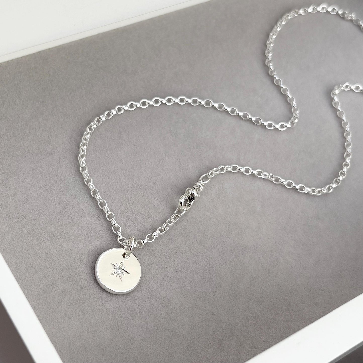 New listing - Oxidised or polished solid sterling silver star engraved diamond pendant and oval belcher single Albert swivel clasp chain