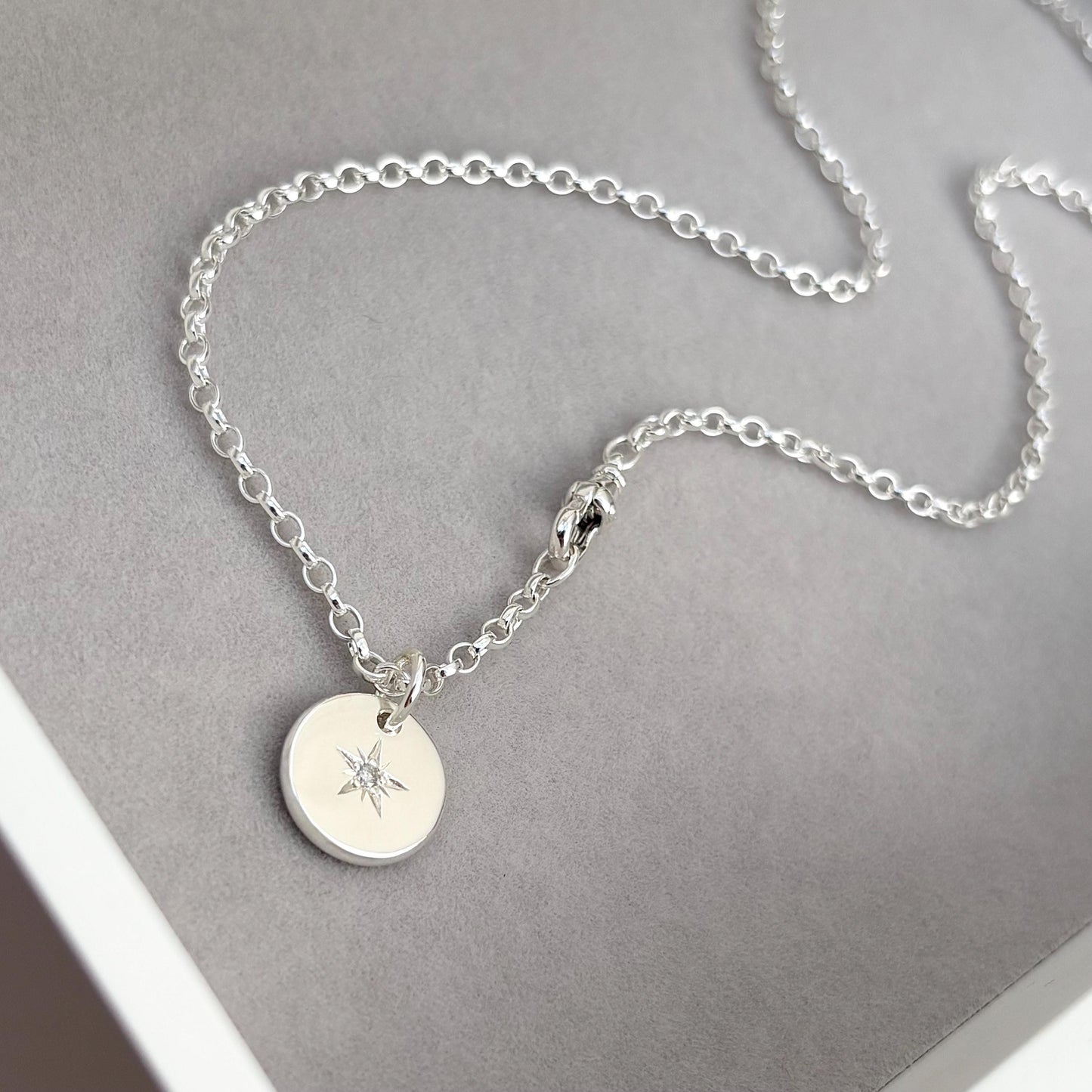 New listing - Oxidised or polished solid sterling silver star engraved diamond pendant and oval belcher single Albert swivel clasp chain